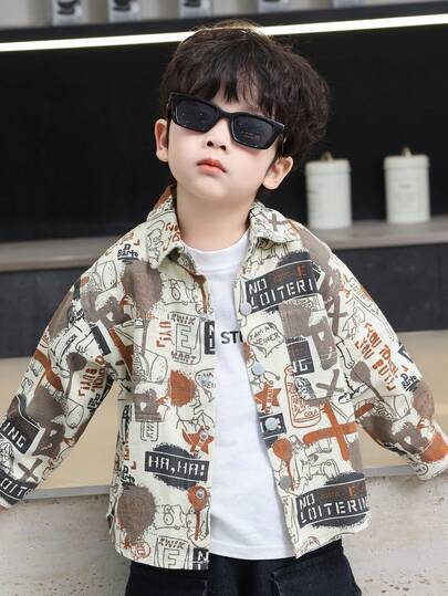 男童字母印花休闲衬衫上衣，春季