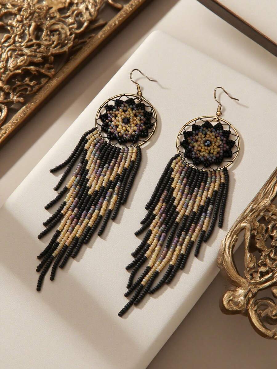 SOUL BEADING 哥德波希米亞風圓形耳環 手作黑色啞光珠飾耳環 幾何設計搭配水晶裝飾 加寬漸層流蘇 優雅飾品 - 黑色 - 查看 1