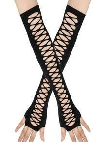 Luvas sem dedos desgastadas de comprimento médio, luvas elásticas de malha cruzada oca, acessórios de cosplay, boate, luvas de festa em estilo retrô europeu e americano