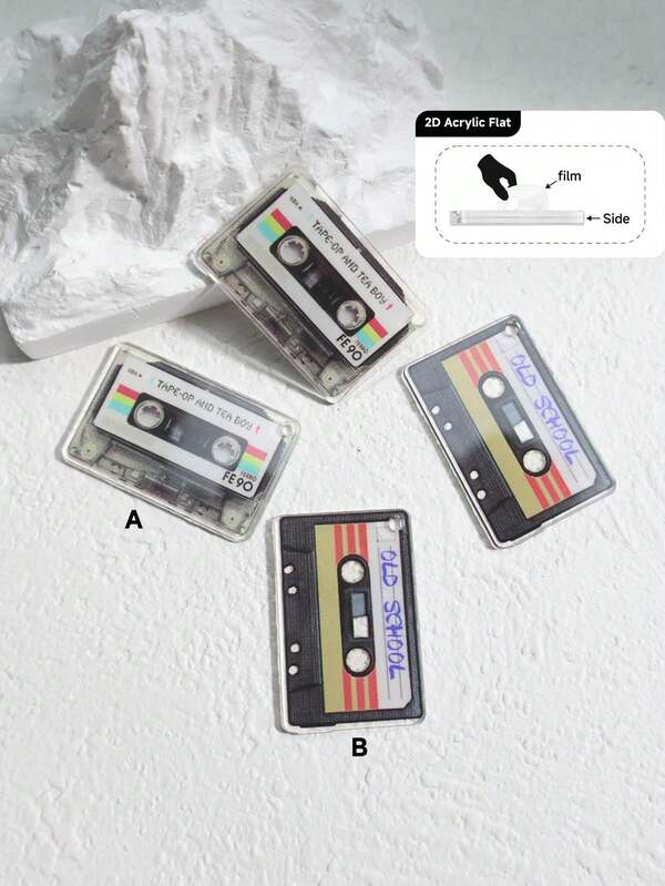 2 peças 2D plana vintage fita cassete padrão amante da música acessórios de joias faça você mesmo/brincos de artesanato pingentes materiais pré-perfurados/pequeno presente feito à mão para amantes/itens baratos/pequenos ornamentos/artesanato impresso em acrílico frente e verso