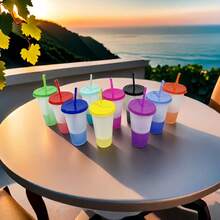 10/20/30 Pack Color Changing Plastic Cup With Lid And Straw, 24oz Iced Coffee Tea Smoothie Cup, Reusable Large Cup, Suitable Adults, Women, Party, Fit Parties, Halloween, Valentine's Day, New Year Surprise Parties, Birthday Party Supplies - 加冰水變色杯 - 查看 6