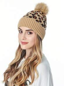 Custom Knitted Leopard Print Fuzzy Pom Pom Beanie Hat