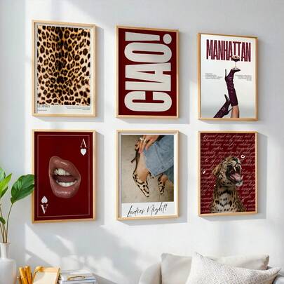 1 pieza Decoración de pared con estampado de leopardo de moda en rojo, arte de pared divertido y con suerte, pintura en lienzo del as de picas rojo y el as de picas negro del póker, imagen retro estética para la habitación, pintura al óleo de guepardo, adecuada para el apartamento o dormitorio de una chica, sin marco