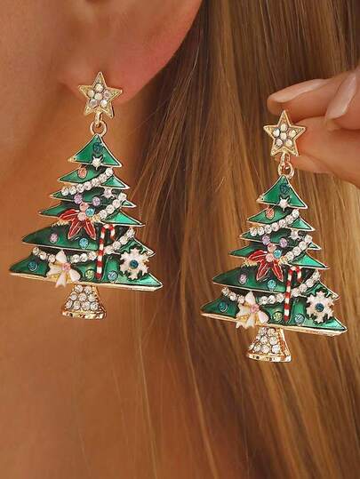 1 Pair Christmas Decoration New Green Christmas Tree Colorful Christmas Earrings (Random Color Order Of Colored Zirconia Stones On Earrings)
