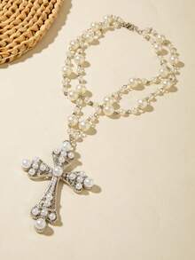 1pc Fashion Metal Punk Style Cross Necklace, Exaggerated Faux Pearl Multi-Layer Necklace For Women, Suitable For Daily, Party, Wedding, Gift (Handmade Chain Customized Length, Pearl Quantity Varies) - 28848-nek-s White - View 5