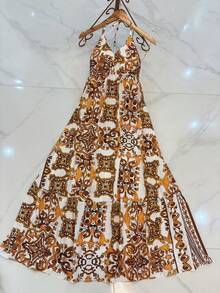 Long Dresses With 3D Multicolored Print, New Model With Tie At The Back And Bare Back - Orange - View 1