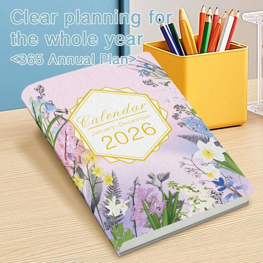 Sổ kế hoạch tiếng Anh dày từ tháng 1 năm 2026 đến tháng 12 năm 2026, Sổ tay quản lý thời gian hàng ngày 365 ngày, Sổ nhật ký 360 trang khổ A5, có thể dùng để ghi chép kế hoạch hàng năm trong văn phòng và cuộc sống hàng ngày - Nhiều màu - Xem 1