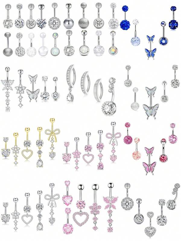 4/5/8/10pcs Body Jewelry Set, Cubic Zirconia Flower, Butterfly & Heart Decor 14G Stainless Steel Navel Piercing Rings, Suitable For Daily, Party, Holiday Gift, Beach