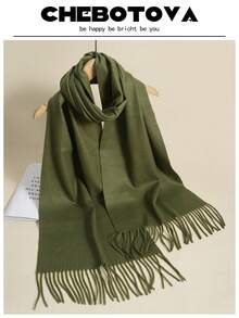 1条女士柔软流苏纯色羊绒围巾，30*180厘米，适合春、夏、秋、冬四季搭配连衣裙 - 深卡其色 - 查看 10