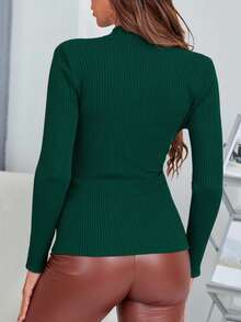 Blusa térmica dama mujer estilo moderno tejido color sólido ajustada cuello alto manga larga otoño invierno oficina versátil elegante casual cómodo suave calientito - Verde militar - Ver 5