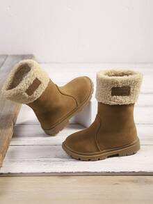 1 Pair Brown Suede Patchwork Letter Lining Warm Collar Children Mid-Calf Boots, Solid Color Durable Rubber Soft Sole One-Push Unisex Snow Boots For 3-15 Years Old Boys & Girls, Suitable For Outdoor Sports, Ice Skating, Indoor Wear, Festivals And Gatherings, Autumn/Winter 2025 New - Brown - View 5