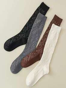 4 opzioni di colore, 1/2/4 paia di calze lunghe al ginocchio da donna con motivo floreale vintage, da abbinare a gonne, stile Harajuku, colore unito versatile per tutte le stagioni - Multicolore - Visualizzare 4