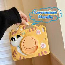 Cute Cat Design Tablet Case Compatible With Ipad A16 11th/10th/Mini/56789th/Air/Pro S6lite A7 A8 A9 Plus, With 360° Rotating Ring Stand & Portable Handle, Shockproof Silicone Cover - Yellow - View 6