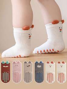 6 Pares de Meias Antiderrapantes para Uso Interno com Estampa Colorida de Desenho Animado de Orelha e Expressão, Adequadas para Uso Diário de Crianças