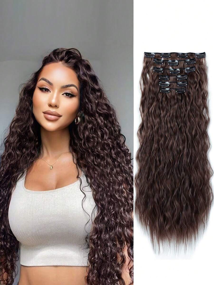 6 piezas de extensiones de cabello sintético ondulado tipo cola de sirena de 24 pulgadas de largo, adecuadas para mujeres, color marrón oscuro