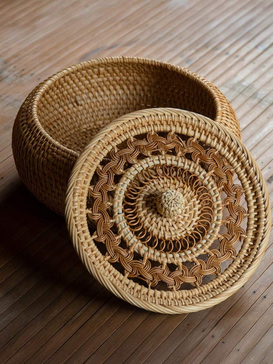 Vintage Rattan - Woven Storage Jar With Lid - Hand - Woven Multi - Purpose Storage Box, Suitable For Storing Tea, Snacks, Dried Fruits, Candies, Desserts - Natural Rattan Decorative Storage Container For Living Room Tabletop - Brown - View 1