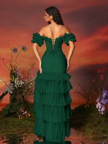 VIPGIRL 女士露肩网纱高开衩多层荷叶边长款晚礼服 - 墨綠色 - 查看 2