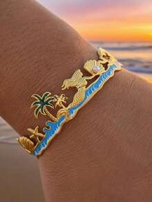 2pcs Bohemian Style Ocean Beach Stainless Steel Dangle Bracelet & Ring Jewelry Set, Featuring Starfish, Palm Tree, Shell, Pearl, Mermaid, Dolphin Designs, Suitable For Women Holiday Travel