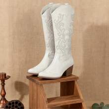 New Women Western Cowgirl Boots, Pointed Toe Embroidered Thick Heel Mid-Calf Fashion Boots - 白色 - 查看 5