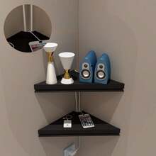 Evron Wall Mount Corner Shelf,Easy To Install Metal Front Floating Corner Shelves With Self-Adhesive Tapes,Wood Imitation Corner Shelf With Wire Pass Hole Pattern(Black 2 Pack)