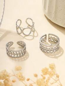 3 piezas Anillos de moda ajustables de acero inoxidable con tono dorado, adecuados para decoración diaria o como regalo - Plateado - Ver 2