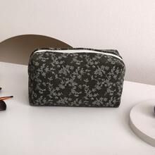 1pc Minimalist Floral Corduroy Cosmetic Bag, Portable Travel Organizer Pouch, Oxford Cloth Lining
