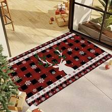 1 pieza Alfombra con diseño de reno navideño, con cuadros rojos y negros, diseño de copos de nieve, alfombra rectangular decorativa, adecuada para entrada, dormitorio, cocina, baño, felpudo de cocina, alfombra con patrón de grano de madera, felpudo de poliéster, felpudo de bienvenida para la puerta principal