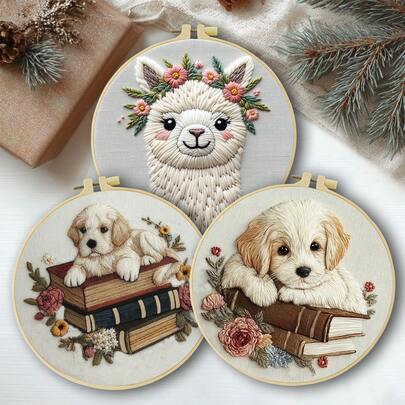 1 Kit di ricamo, 15x15cm/5.9x5.9in--20x20cm/7.9x7.9in, tema animale carino, kit di ricamo fai-da-te a mano, adatto sia per adulti che per principianti, inclusi manuale utente, tessuto stampato, telaio da ricamo, aghi e filo, ricamo a punto croce, regalo di Natale per famiglia e amici