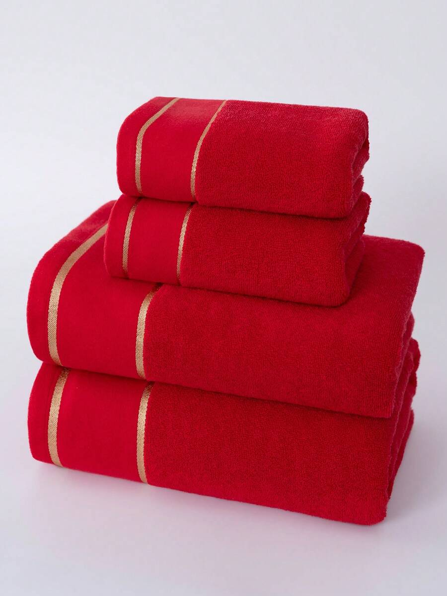 1pc/2pcs Modern Minimalist Fashion Line Pattern Towel & Bath Towel, Non-Shedding, Highly Absorbent, Super Soft, Durable Bathroom Accessories, Best Gift For Partner. Towel Size: 40*75cm, Bath Towel Size: 70*140cm - Red - View 1