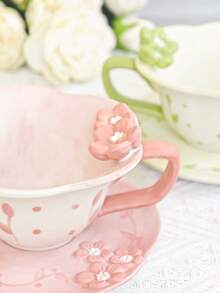 1 Set Minimalist Design Hand-Painted Embossed Plum Blossom Coffee Cup + Saucer Set