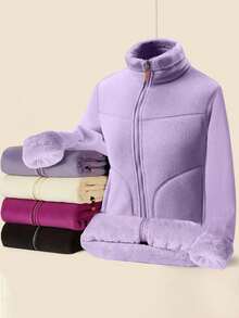 Women's Faux Sherpa Fleece Jacket, Warm & Soft, With Zipper Pockets, Reversible A/B Double-Sided Lining, Suitable For Outdoor Running, Hiking In Autumn/Winter,Skiing
