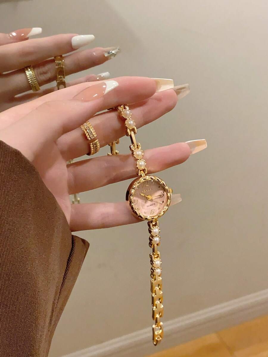 1 件新品粉色/白色串珠手链式圆形女士手表，可爱的椭圆形女士手链手表，送给自己或朋友的礼物