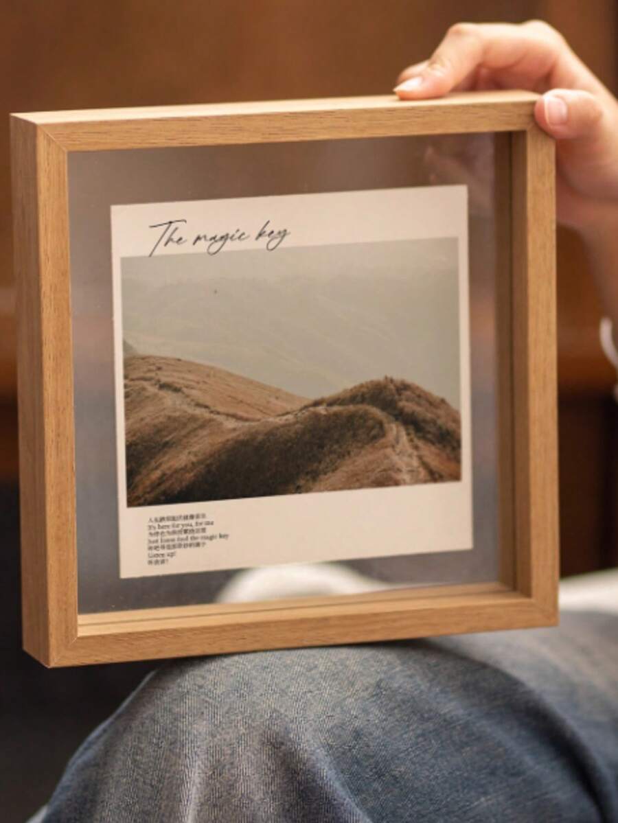 1pc Double-Sided Transparent Photo Frame, Tabletop Display Stand For Calligraphy, Paintings, Photos, Real Glass - Wood Color - View 1
