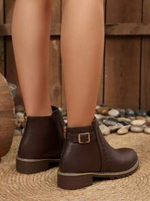 Western Style Back Zipper Holiday Autumn/Winter Short Boots For Women, Vintage Marking Line Boots, Casual Buckle Decor