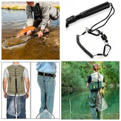 Fly Fishing Landing Net, Soft Rubber Mesh Bass Trout Net With Collapsible Handle And Magnetic Release, Folding Catch And Release Net Freshwater, Fly Fishing Gear Accessories