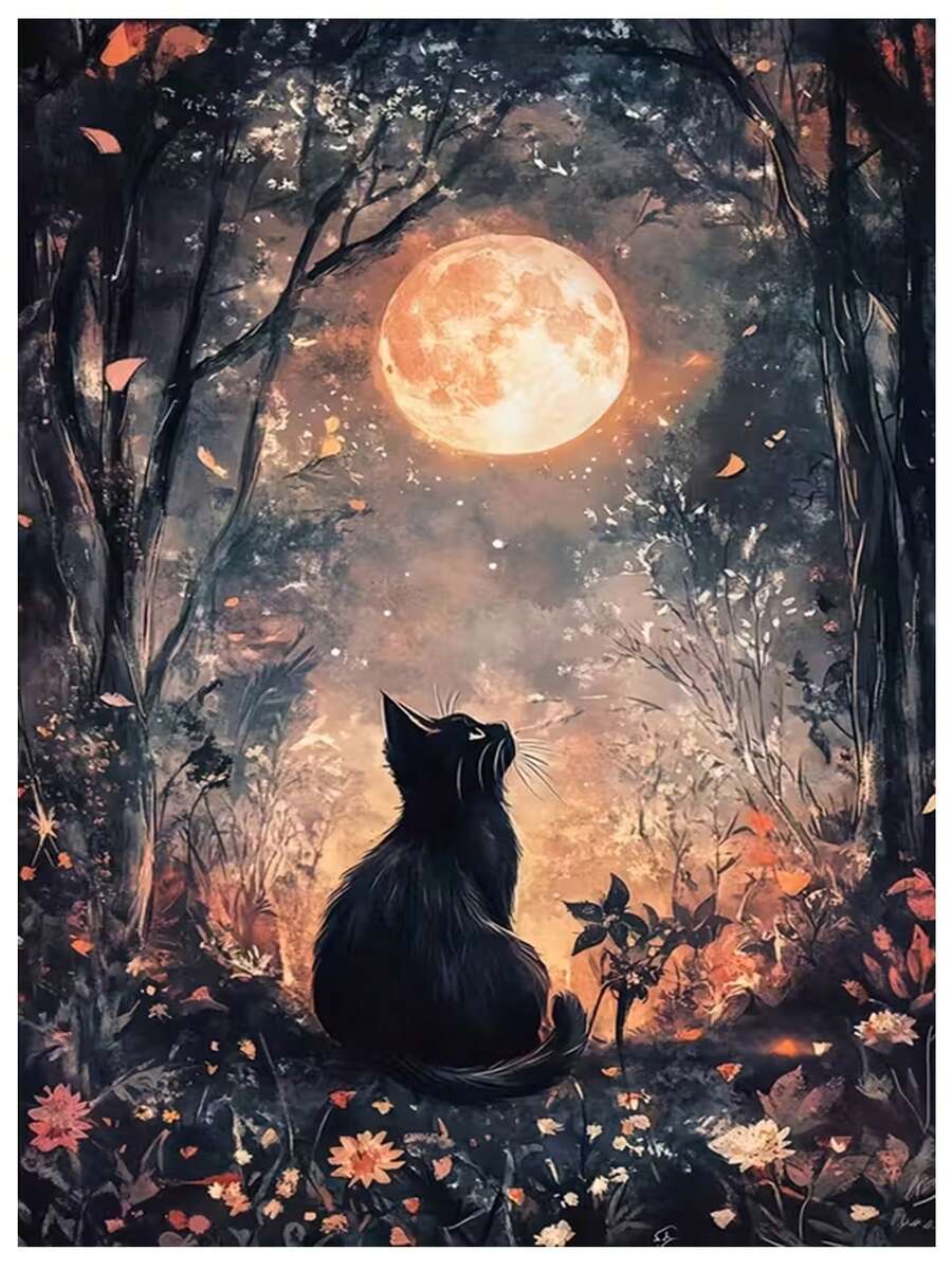 1 幅 30x40 厘米全圆钻石画，治愈系月光黑猫，梦幻治愈系风格黑猫凝视月亮 + 秋日森林满月花卉图案，猫咪皮毛纹理，月光斑点细节，秋夜森林月光风景，可爱宠物月光全钻石画，无框家居装饰艺术 | 适合初学者的简易 DIY 工艺品，节日/生日惊喜礼物
