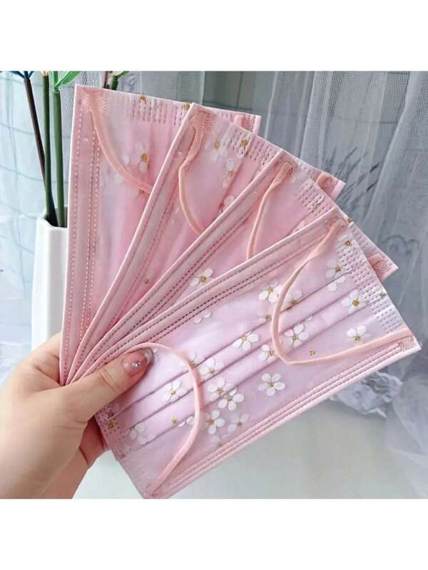 10 piezas/Set, Patrón de flor de cerezo, Mascarilla facial de 3 capas. Disponible en rosa, azul y amarillo. Lindo y de moda, empaquetado individualmente, adecuado para adultos. Desechable, hecho de material de polipropileno.