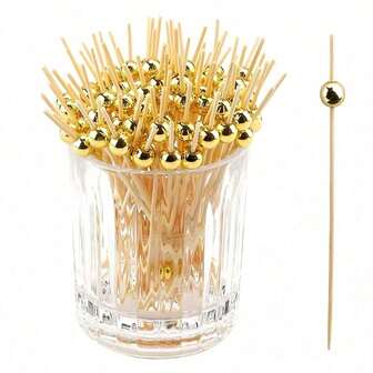 200 件/100 件/50 件/20 件/5 件竹制金色仿珍珠竹签，适用于桌面装饰、甜点装饰、水果烤肉串、派对、生日、婚礼、俱乐部、水果、纸杯蛋糕、汉堡、烧烤、小吃和卫生