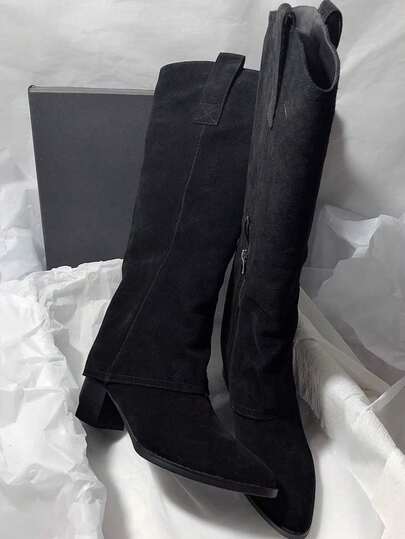 Pointed Toe Chunky Heel Suede Side Zipper V-Cut Slim Fit Gorgeous Versatile Women's Tall Boots, Mid-Calf Boots, Fall, Winter, Autumn,Party