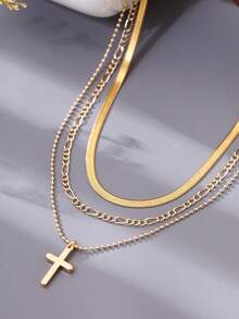 Tkool 3 件套时尚不锈钢金线扁平链和铜珠链多层十字架吊坠项链 - 金黃色 - 查看 2