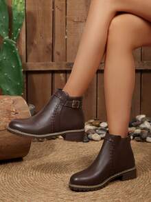 Western Style Back Zipper Holiday Autumn/Winter Short Boots For Women, Vintage Marking Line Boots, Casual Buckle Decor