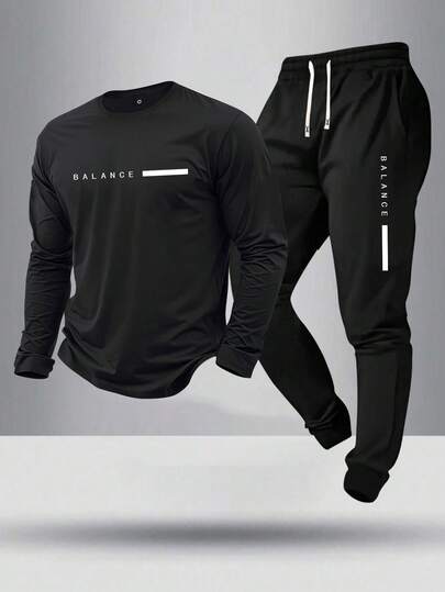 2pcs Men's Regular Fit Long Sleeve T-Shirt And Drawstring Waist Pants Set, Casual Outfit For Spring/Autumn, Suitable As Gift For Husband/Boyfriend, Wear For Street, Commute, Outdoor, Holiday