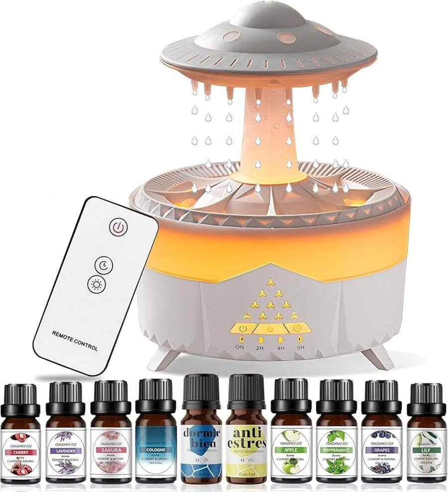 Essential Oil Diffuser: 550ml Water Drip Rain Humidifier Air Humidifier, Aroma Diffuser - Colors With Remote Control Timer, For Home And Office (White) - 白色的 - 查看 1