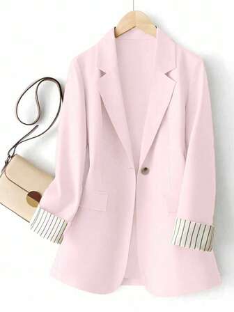 秋季大码休闲通勤条纹拼布缺口领单排扣西装外套