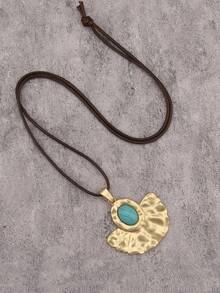 1 pieza Collar colgante cuadrado de aleación minimalista y elegante, collar largo de cuerda de cera turquesa y marrón, regalo para novio/novia