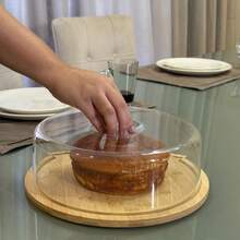 Boleira Bambu Com Tampa Em Acrílico Porta Bolo Para Bolo Torta Pudim Queijo 28cm
