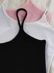Kit 3 Women's Suplex Ribbed Tank Top With Thin Straps, Ribbed Blouse, Summer Stylish, Fashion Blogger Colors, Summer - 黑色/白色/粉紅色 - 查看 5