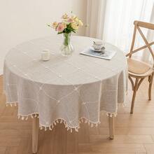1pc Faux Linen Round Tablecloth, Dust-Proof & Wrinkle-Resistant Table Cover, Washable Tablecloth Suitable For Indoor & Outdoor, Farmhouse Decor, Picnic, Table Decoration, Khaki - Khaki - View 19