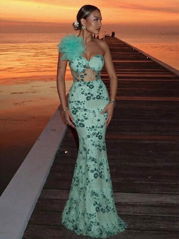 Elegant Green Sequined Shoulder 3D Flower Women's Clothing Ball Gown Female Wedding Dress, Wedding Guest Dress, Women's Hoco Dress, Sexy Slim Mermaid Cocktail Dress Suitable For Date, Party, Dinner, Wedding Event, Bridesmaid, Formal Banquet