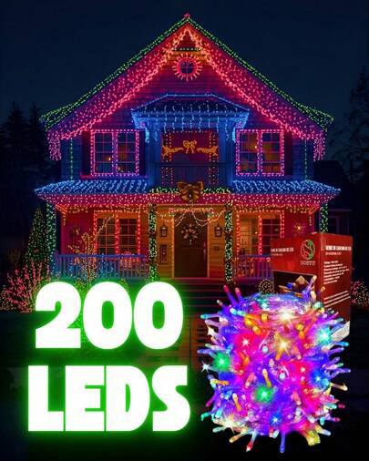 Cascada Navideña DOSYU 200 LEDS 4 Metros Decorativas Blanco Cálido Cable Transparente Foco Clásico Luz Blanca Cálida, Azul, Blanco Frío y Multicolor Caída Irregular Cable Transparente Suave y Flexible Ideal para Decorar la Chimenea o el Árbol de Navidad con Esferas y Listón Navideña o la Guirnalda Festón